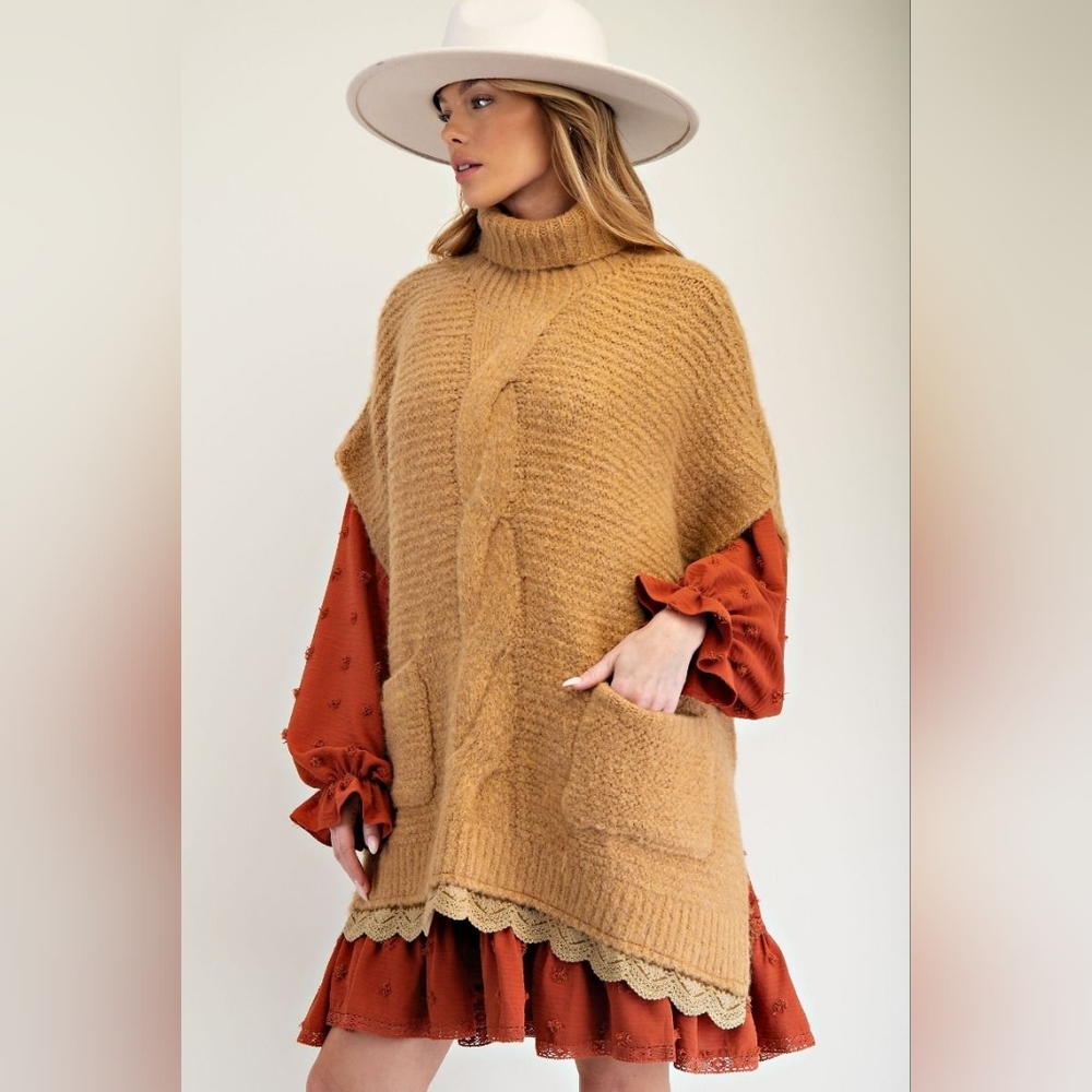 10-1128 *boutique* Boho Lace Bottom Layered Largenlook Warm Poncho Sweater - Picture 3 of 5